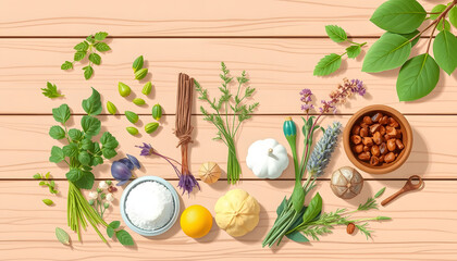 flat lay composition with healing herbs on wooden table isolated with white highlights, png