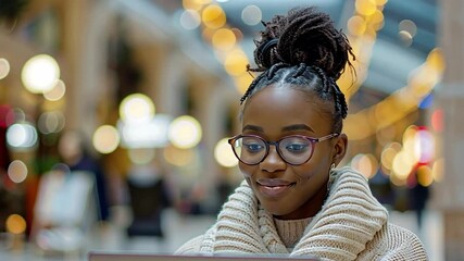 Aufkleber - A young woman with braided hair is focused on her laptop, wearing a cozy sweater in a bustling indoor environment adorned with colorful lights, creating a warm atmosphere.