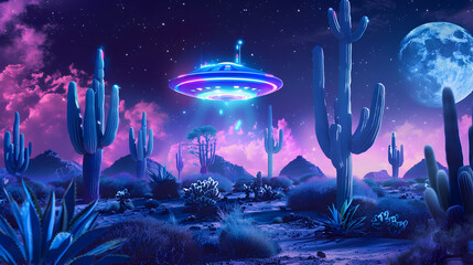 Wall Mural - an extraterrestrial encounter in a glowing desert landscape under a vibrant night sky