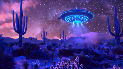 Wall Mural - A bright, glowing UFO hovers above a desert landscape under a starry sky at twilight, illuminating cacti and surrounding vegetation