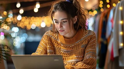 Aufkleber - A young woman focuses intently on her laptop, surrounded by warm, twinkling lights in an outdoor setting, creating a cozy atmosphere during the evening.