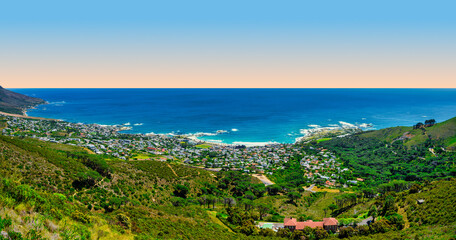 Poster - Cape Town panorama: Clifton, Bakoven, Camps Bay with Atlantic Ocean backdrop, South Africa