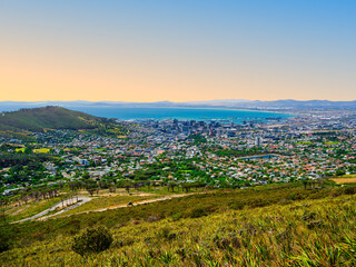 Poster - Cape Town city view from Table Mountain, featuring Atlantic Ocean and clear blue sky, South Africa