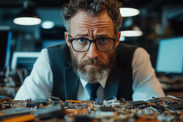 Poster - A technician carefully examines a complex circuit board while working in a high-tech environment at night