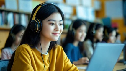 Poster - A focused asian student girl wearing headphones engages with a laptop in a bright classroom filled with peers during learning time