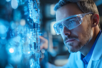 Poster - A focused scientist examines digital data on a high-tech interface in the lab during a late evening session