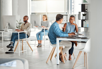 Poster - Office, man and woman at laptop for discussion, ideas and collaboration together in coworking space. Proposal, development and business people at digital agency for meeting, teamwork and planning