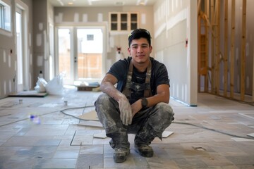 Young male tile installer in a new home