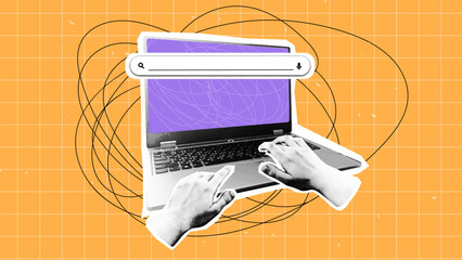 collage with laptop and hands on keyboard search string in halftone style. punk design for poster with hands in trendy halfton style