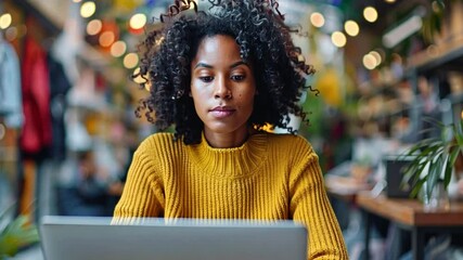 Aufkleber - A young woman with curly hair focuses intently on her laptop while sitting in a charming cafe filled with plants and ambient light. It's an inviting and productive space.
