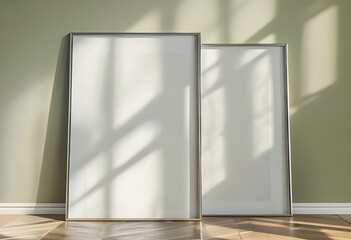 Two thin metal frames against olive green wall, on wooden floor. Soft diagonal shadows. Minimalistic wall art frame mockup.