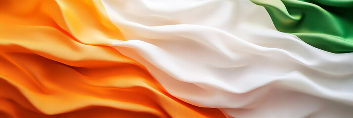 Poster - Wide horizontal web banner India Republic Day patriotic backdrop featuring tricolor geometric shapes layered over each other, with soft gradients transitioning between saffron, white, and green tones