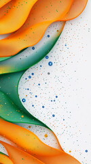 Poster - Abstract vertical social media banner India Republic Day backdrop with wavy saffron and green lines intersecting over a white surface, decorated with small, abstract blue Ashoka Chakra icons.