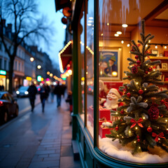 Poster - Festive Christmas display in a city storefront window.