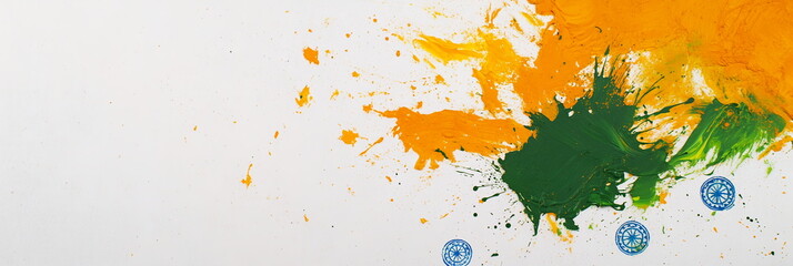 Poster - Dynamic wide horizontal web banner India Republic Day scene with saffron and green splashes of paint across a neutral white background, accented by minimalist blue Ashoka Chakra symbols.