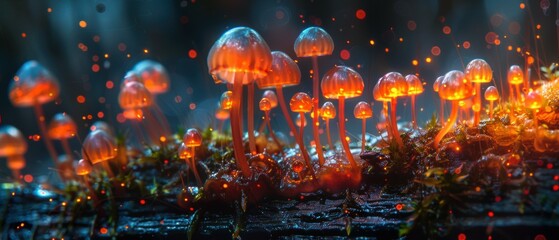 Wall Mural - Glowing mushrooms in the forest. AI.