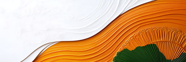 Poster - Minimalist wide horizontal web banner India Republic Day scene with wide, sweeping arcs of saffron and green across a white canvas, accented by a delicate, detailed Ashoka Chakra pattern.