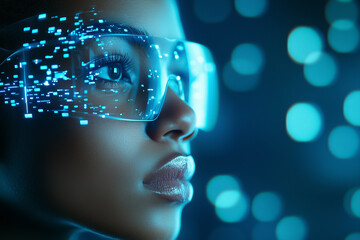 Poster - The woman watches intricate digital projections, highlighting advanced technology in a captivating environment
