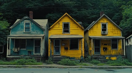 Three abandoned houses, one painted teal and two painted yellow, stand side-by-side on a street in a forgotten neighborhood.