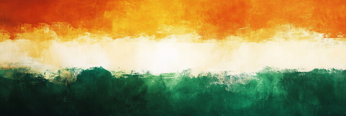 Poster - Patriotic wide horizontal web banner India Republic Day background featuring a gradient from saffron to green, with a central white band displaying a subtle abstract Ashoka Chakra design.