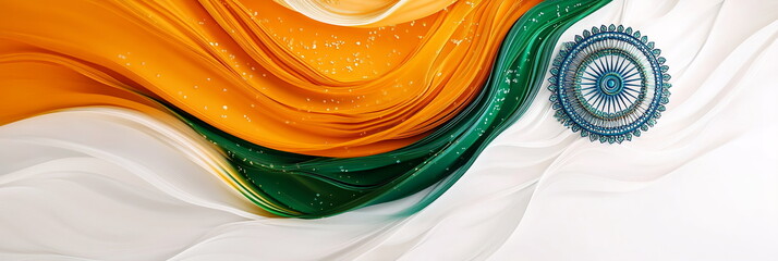 Poster - Sleek wide horizontal web banner India Republic Day design with curved saffron and green bands sweeping across a white background, decorated with a detailed blue Ashoka Chakra at the center.