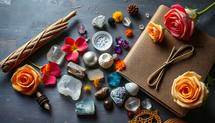 Shamanic and wiccan magical crystal healing with occult objects, smudge stick, crystals, rose flowers, corn dolly, hemp notebook for magic spells. Mystical, esoteric composition. Flat lay isolated w