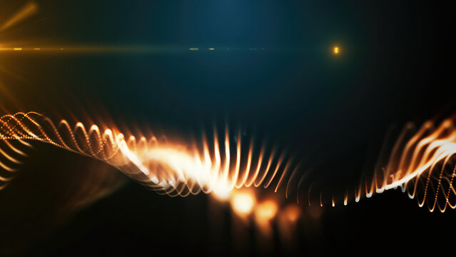 A smooth wave of golden particles on a dark background, with a warm, glowing effect, symbolizing energy or data flow