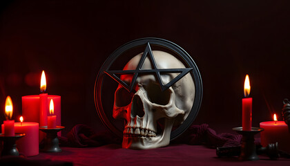 Pentagram symbol, human skull and candles. Black magic ritual or spell with occult and esoteric symbols. Red color isolated with white highlights, png