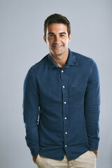 Fototapete - Happy, studio and portrait of business man with casual outfit, style and fashion for work, career and job. Professional, startup and person with confidence, pride and smile on white background