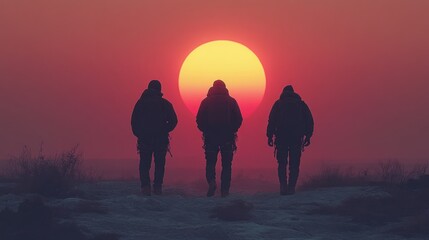 Wall Mural - Three hikers silhouetted against a large setting sun.