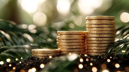 Three stacks of gold coins on black sand with green leaves and bokeh lights in the background.