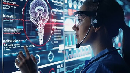 Poster - A healthcare professional wearing a headset interacts with a high-tech digital screen, reviewing patient data during a telemedicine consultation in a modern healthcare setting.
