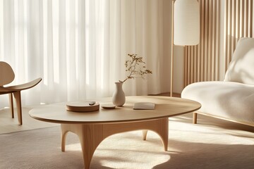 A light wood coffee table with clean lines, adorned with a few minimalist decor items in a Scandinavian living room.