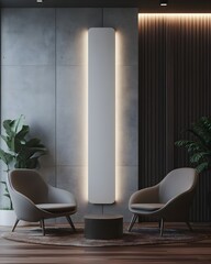 Modern living room interior with two chairs and a coffee table.