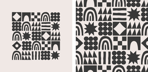 Poster - Fun geometric shape seamless pattern set. Abstract retro scandinavian style art background, trendy design with geometry shapes. Simple mosaic wallpaper texture.