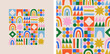 © Dedraw Studio - Fun colorful geometric shape seamless pattern set. Abstract retro children style art background for kids, trendy design with geometry mosaic shapes. Simple childish patchwork wallpaper texture print.