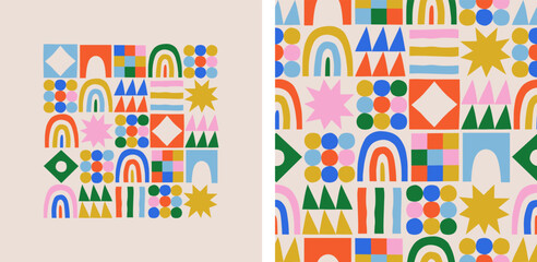 Leinwandbilder - Fun colorful geometric shape seamless pattern set. Abstract retro children style art background for kids, trendy design with geometry mosaic shapes. Simple childish patchwork wallpaper texture print.