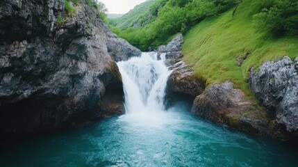 Poster - Majestic waterfall cascading into a turquoise pool surrounded by lush greenery, AI