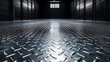 © Paul - Checker plate floor reflecting industrial lighting, metallic diamond texture covering a wide industrial space, landscape orientation with strong geometric patterns
