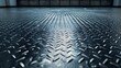© Paul - Checker plate floor reflecting industrial lighting, metallic diamond texture covering a wide industrial space, landscape orientation with strong geometric patterns
