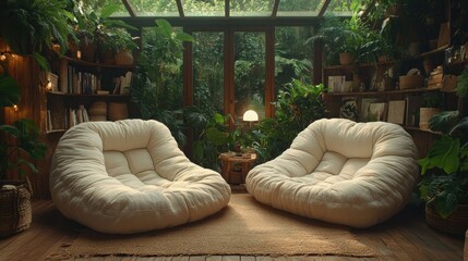 Two plush cream-colored chairs face each other in a cozy sunroom filled with plants and books.