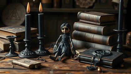 Voodoo doll, black candles, pentagram and old books on witch table. Occult, esoteric, divination and wicca concept. Mystic, voodoo and vintage background isolated with white highlights, png