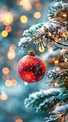 Wall Mural - red christmas ball hanging from snow covered branch