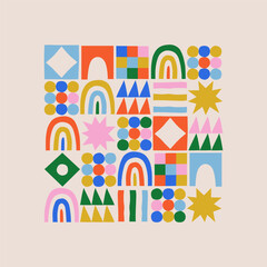 Leinwandbilder - Fun colorful geometric shape set. Abstract retro children style art element for kids, trendy design with geometry mosaic shapes. Simple childish patchwork clip art decoration.