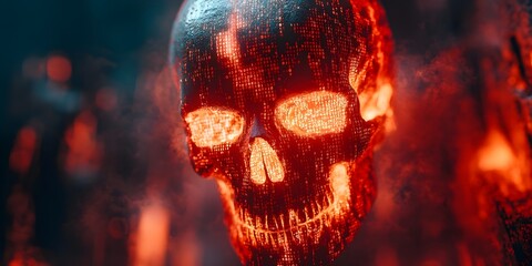 digital skull made of binary code in red blue against black background copy space cybersecurity hacking threat