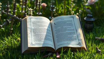 Open diary book with empty pages on the grass in the garden. Esoteric, gothic and occult background with magic objects, mystic and fairy tale concept isolated with white highlights, png