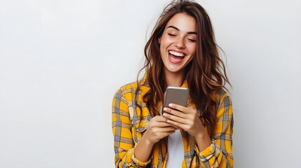 Happy woman using cell phone white background