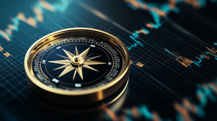 Poster - A compass overlays financial charts, symbolizing direction amidst fluctuating market trends and data analysis