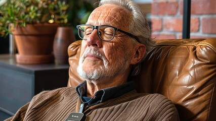 Aufkleber - An older man sits comfortably in a stylish armchair, wearing glasses and a sweater. He appears relaxed, enjoying tranquility in a warm and inviting room filled with plants.