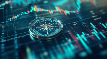 Poster - A compass on financial charts symbolizes guidance for navigating market trends and investment strategies